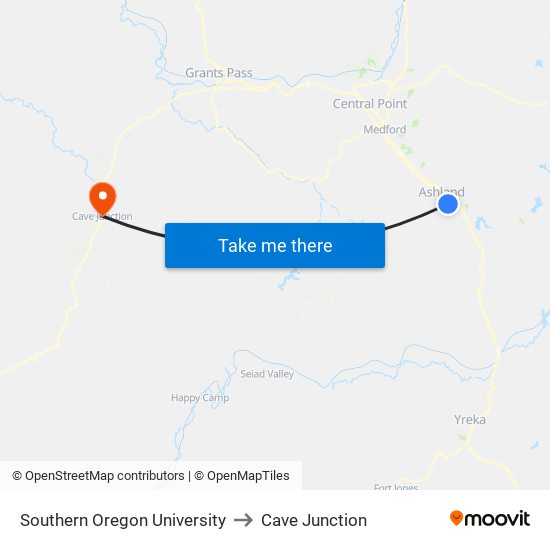 Southern Oregon University to Cave Junction map