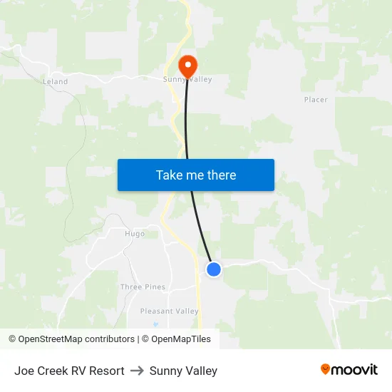 Joe Creek RV Resort to Sunny Valley map