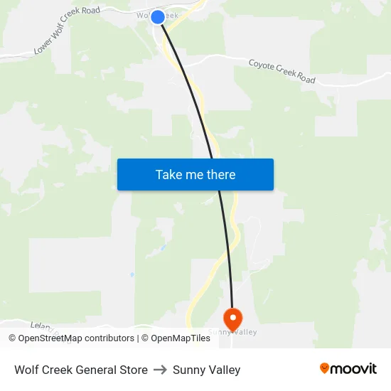 Wolf Creek General Store to Sunny Valley map