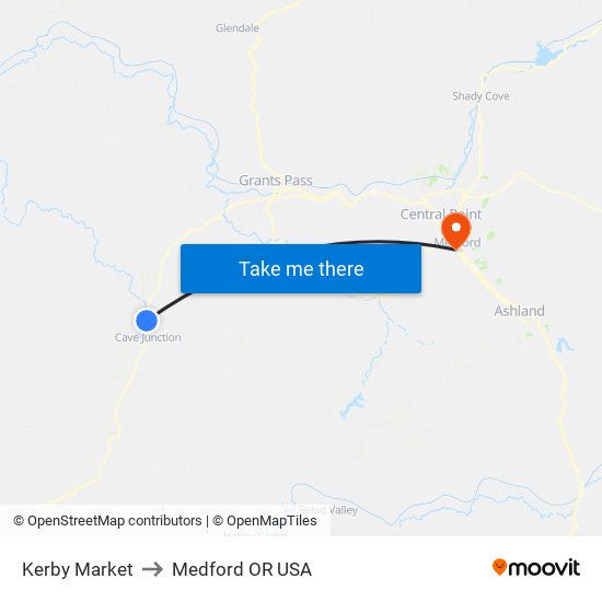 Kerby Market to Medford OR USA map