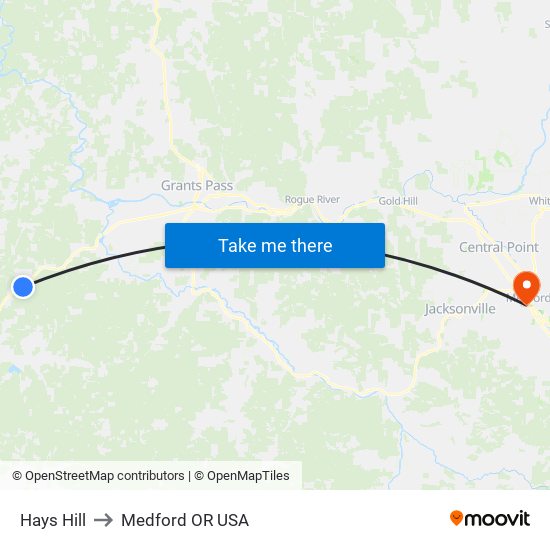 Hays Hill to Medford OR USA map