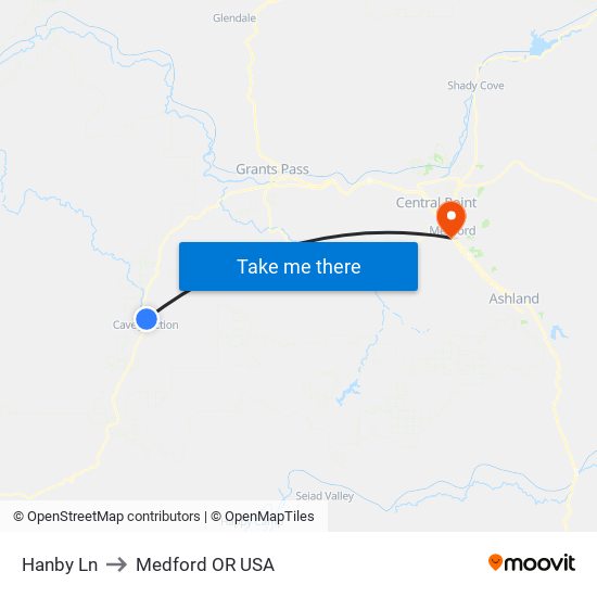 Hanby Ln to Medford OR USA map