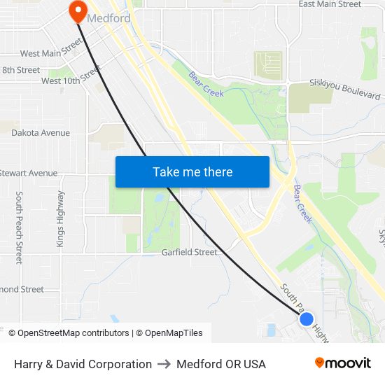 Harry & David Corporation to Medford OR USA map