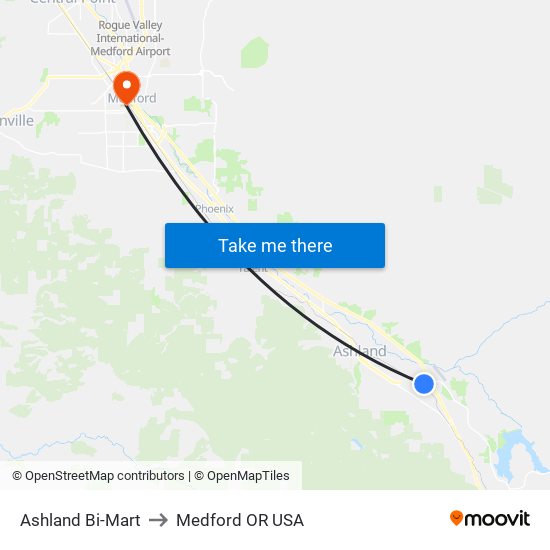 Ashland Bi-Mart to Medford OR USA map