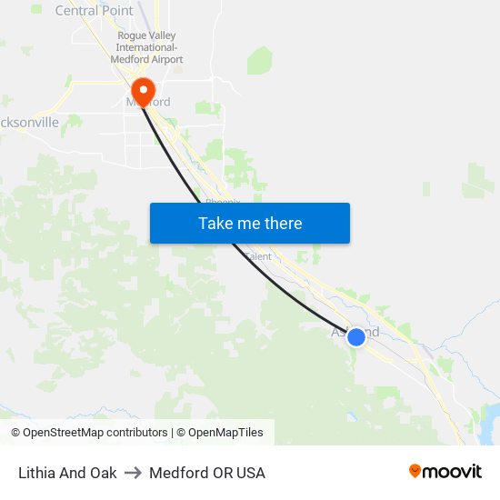 Lithia And Oak to Medford OR USA map