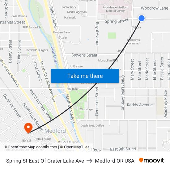 Spring St East Of Crater Lake Ave to Medford OR USA map