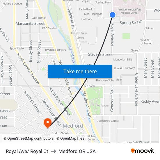 Royal Ave/ Royal Ct to Medford OR USA map