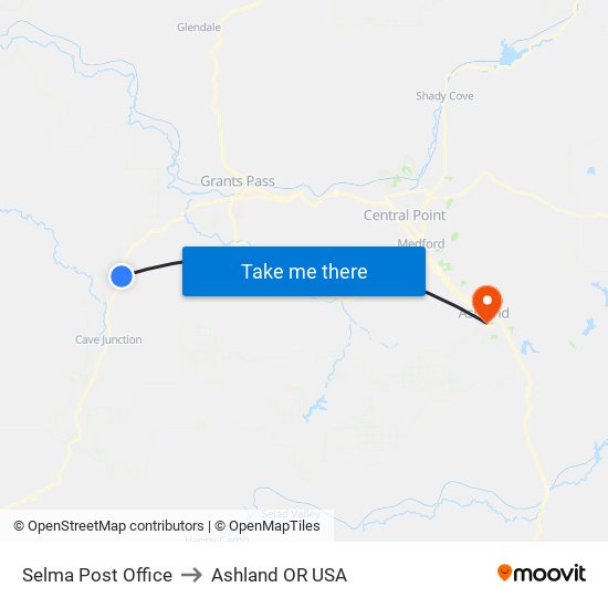 Selma Post Office to Ashland OR USA map