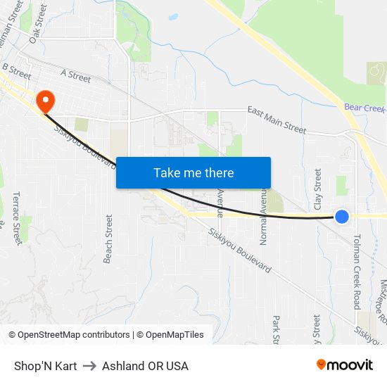 Shop'N Kart to Ashland OR USA map