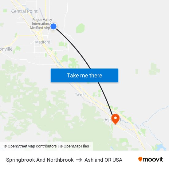 Springbrook And Northbrook to Ashland OR USA map