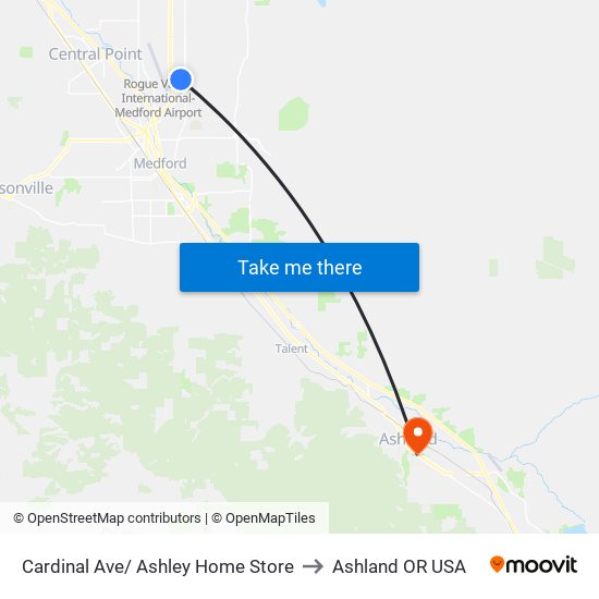 Cardinal Ave/ Ashley Home Store to Ashland OR USA map