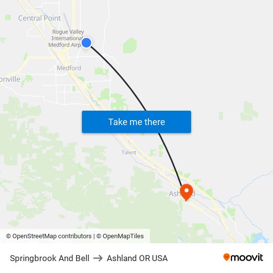 Springbrook And Bell to Ashland OR USA map