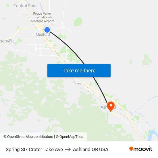 Spring St/ Crater Lake Ave to Ashland OR USA map