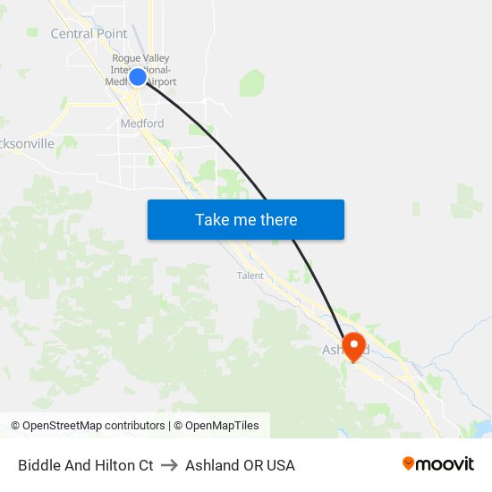 Biddle And Hilton Ct to Ashland OR USA map