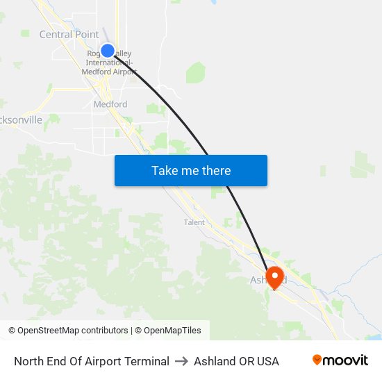 North End Of Airport Terminal to Ashland OR USA map