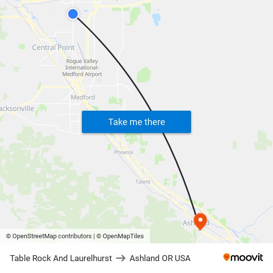 Table Rock And Laurelhurst to Ashland OR USA map