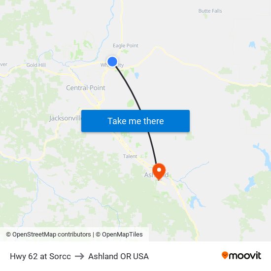 Hwy 62 at Sorcc to Ashland OR USA map