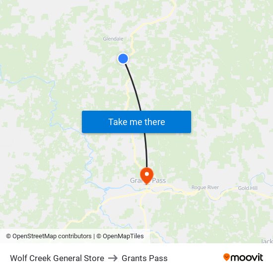 Wolf Creek General Store to Grants Pass map