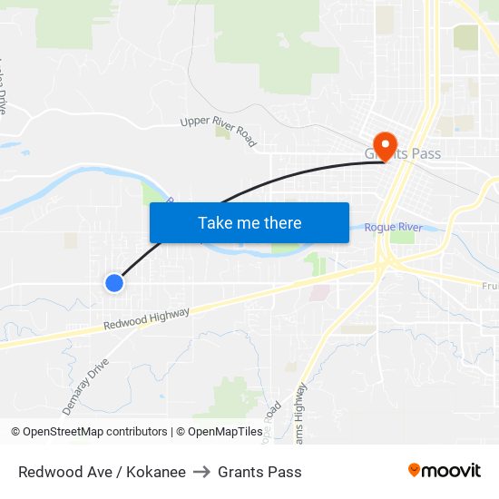 Redwood Ave & Kokanee Ln to Grants Pass map