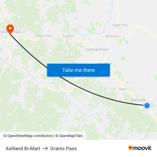Ashland Bi-Mart to Grants Pass map