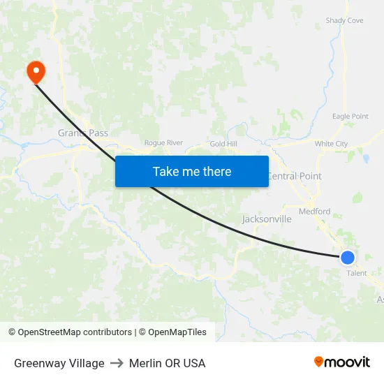 Greenway Village to Merlin OR USA map