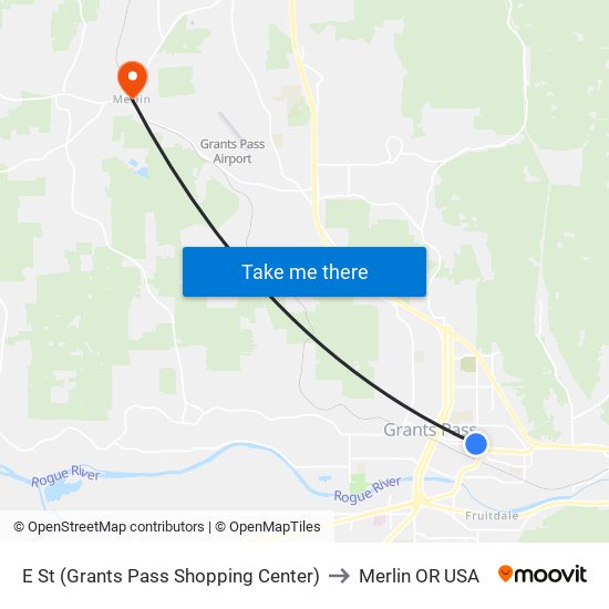 E St (Grants Pass Shopping Center) to Merlin OR USA map