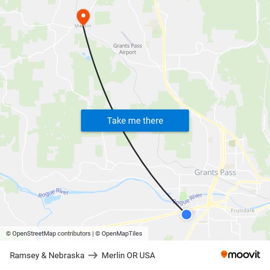 Ramsey & Nebraska to Merlin OR USA map