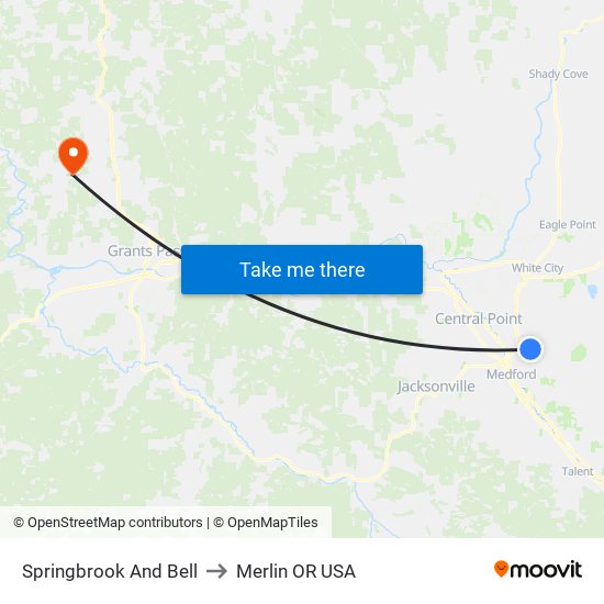 Springbrook And Bell to Merlin OR USA map