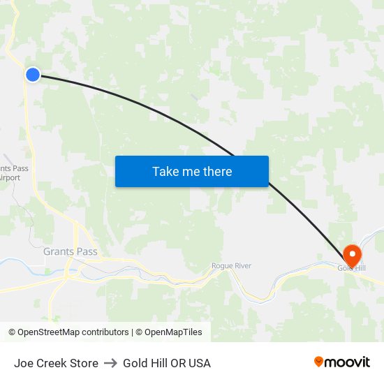 Joe Creek RV Resort to Gold Hill OR USA map