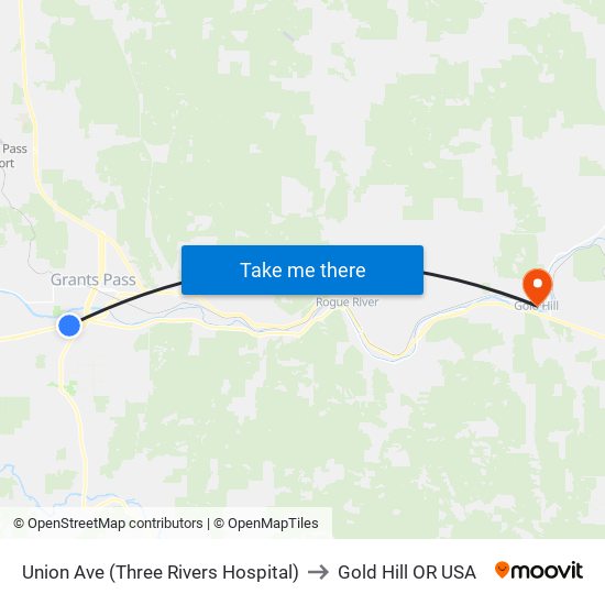 Union Ave (Three Rivers Hospital) to Gold Hill OR USA map