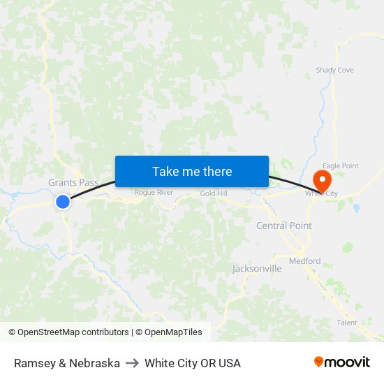 Ramsey & Nebraska to White City OR USA map