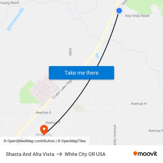 Shasta And Alta Vista to White City OR USA map