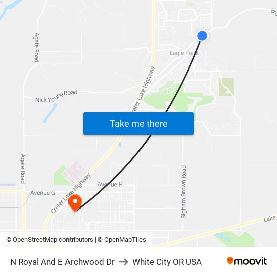 N Royal And E Archwood Dr to White City OR USA map