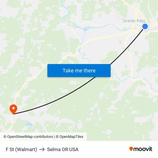 F St (Walmart) to Selma OR USA map