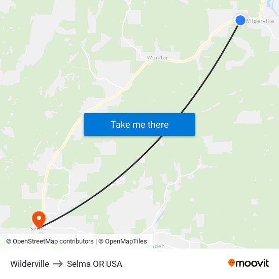 Wilderville to Selma OR USA map