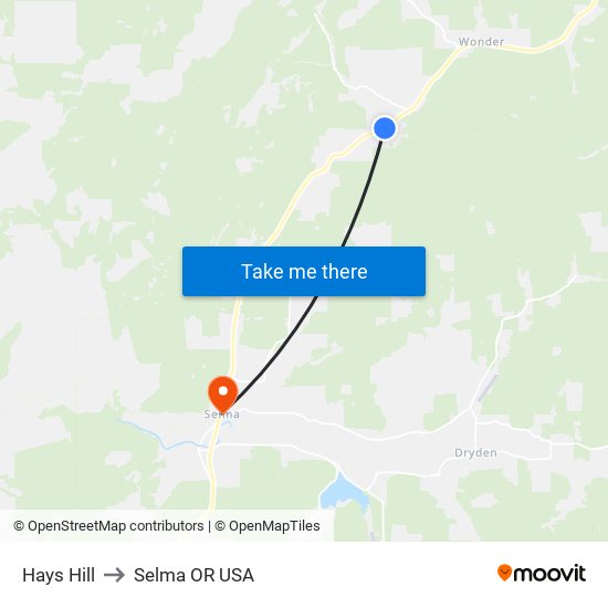 Hays Hill to Selma OR USA map