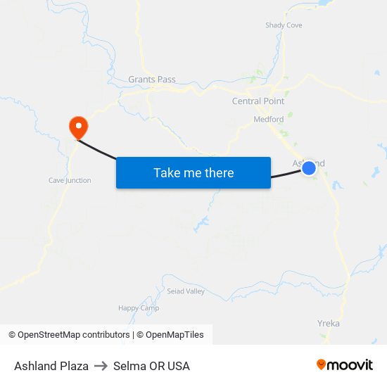 Ashland Plaza to Selma OR USA map
