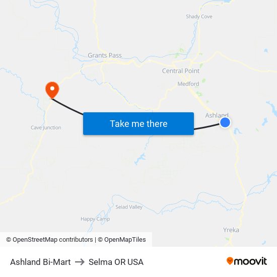 Ashland Bi-Mart to Selma OR USA map