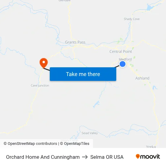 Orchard Home And Cunningham to Selma OR USA map