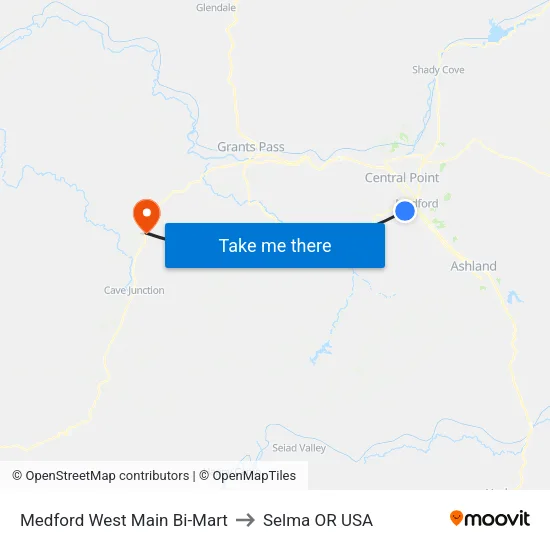 Medford West Main Bi-Mart to Selma OR USA map