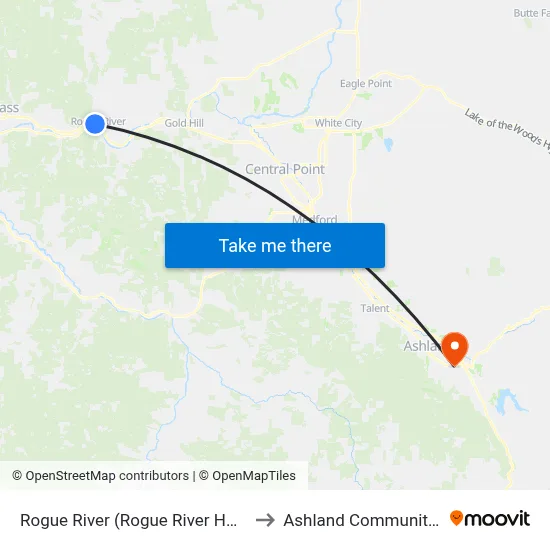 Rogue River (Rogue River Hwy & Depot St) to Ashland Community Hospital map