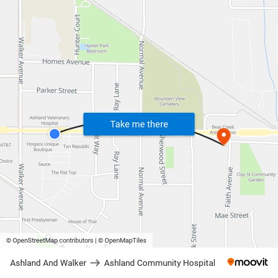 Ashland And Walker to Ashland Community Hospital map