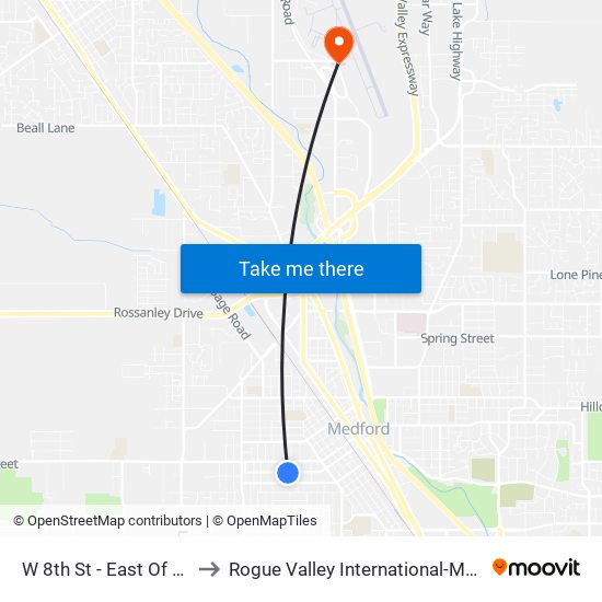 W 8th St - East Of Cannon St to Rogue Valley International-Medford Airport map