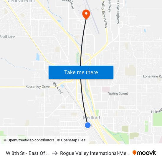 W 8th St - East Of Grape St to Rogue Valley International-Medford Airport map