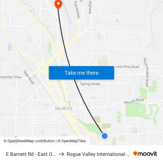 E Barnett Rd - East Of Highland Dr to Rogue Valley International-Medford Airport map