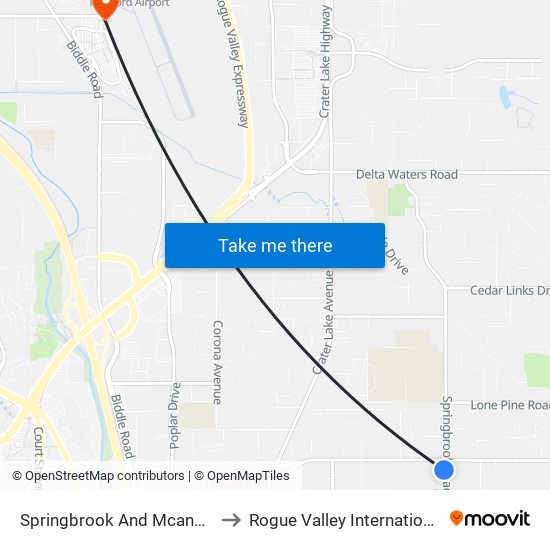 Springbrook And Mcandrews/ Bonaventure to Rogue Valley International-Medford Airport map