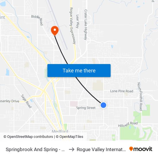 Springbrook And Spring - Donahue Frohnmayer Park to Rogue Valley International-Medford Airport map