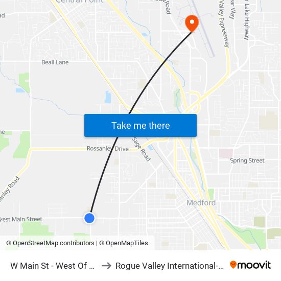 W Main St - West Of Oak Grove Rd to Rogue Valley International-Medford Airport map