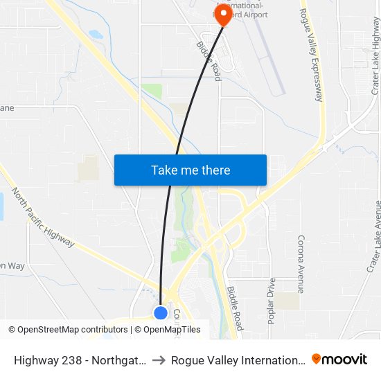 Highway 238 - Northgate Shopping Center to Rogue Valley International-Medford Airport map