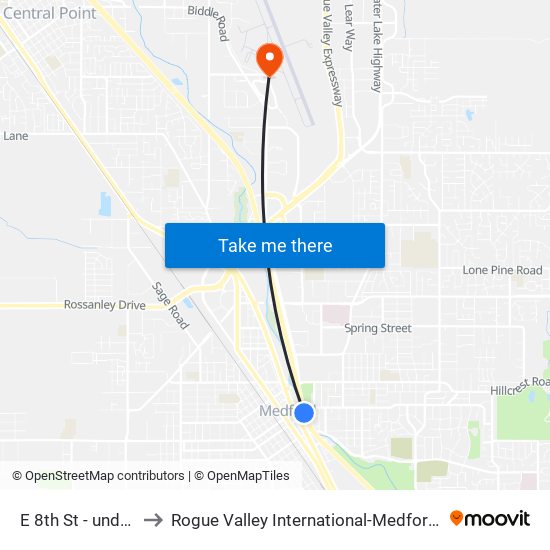 E 8th St - under I-5 to Rogue Valley International-Medford Airport map